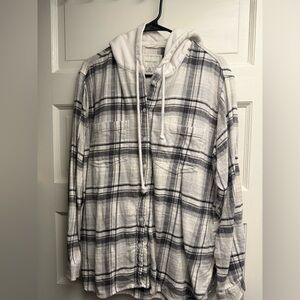 American Eagle Light Gray and White Plaid Hooded Button-Up Shirt with hood